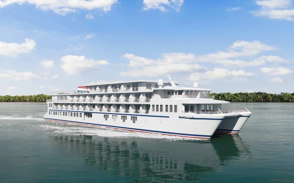 Passenger vessel sailing near a port